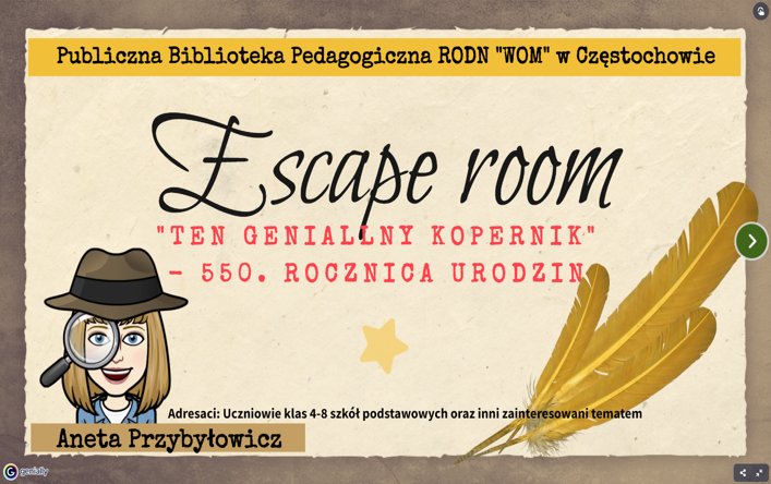 Slajd tytułowy do escape room o Koperniku.