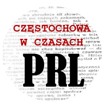 Logo projektu. Na tle liter z gazet napis Częstochowa w czasach PRL