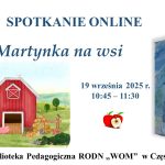 W lewej części obrazka łąka, traktor, pasące się krowy, lecące ptaki, stodoła, słoneczniki i owoce. W centralnej części jabłka. Po prawej stronie ilustracja: chłopiec i pies.