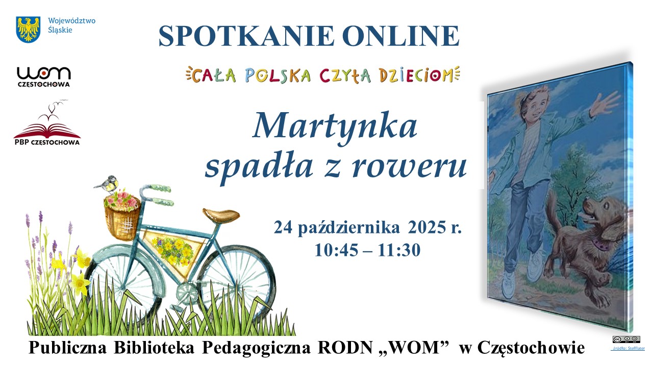 Na środku tytuł spotkania, data i godzina. na dole rower ustawiony w trawie i kwiatach oraz dziewczynka biegnąca z psem.