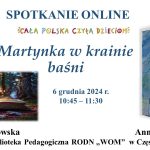 Na środku tytuł i termin spotkania. Poniżej otwarta księga. Po boku dziewczynka biegnąca z psem.