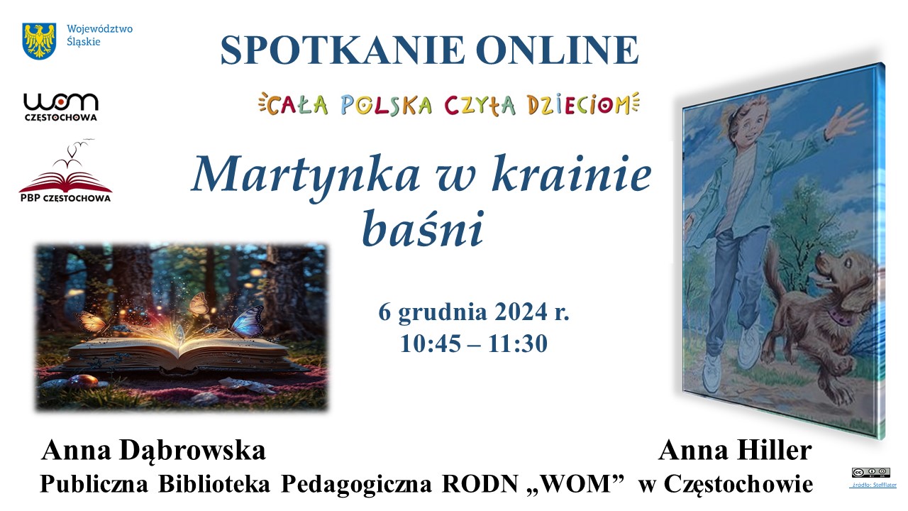 Na środku tytuł i termin spotkania. Poniżej otwarta księga. Po boku dziewczynka biegnąca z psem.