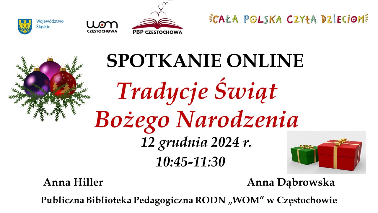 Na środku tytuł i termin spotkania. Poniżej prezenty i stroik świąteczny.