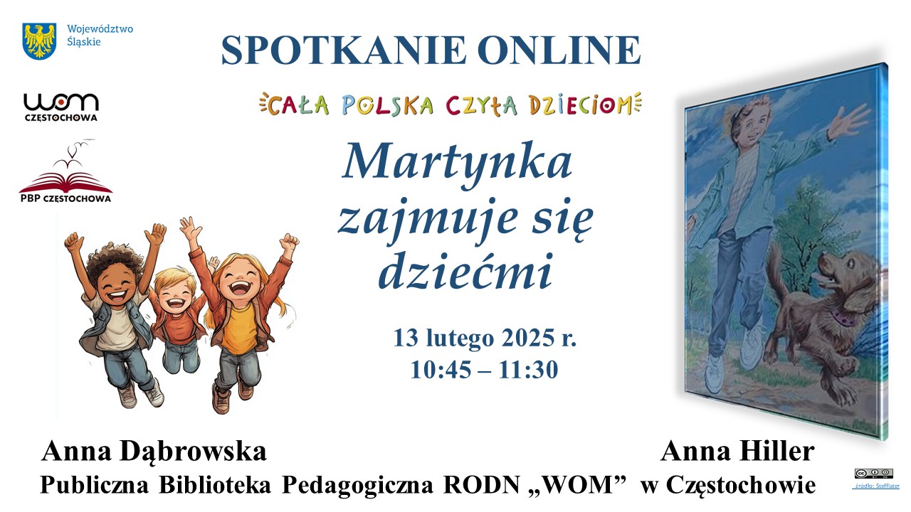 Uśmiechnięte dzieci. Na okładce książki biegnąca dziewczynka. Tytuł spotkania, termin, kontakt.