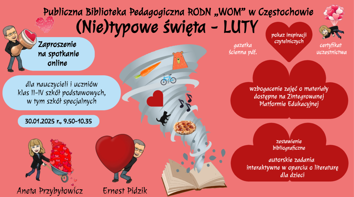 Z książki wychodzi trąba powietrzna, w niej: marchew, miś, rower, serce, nuty, kot i pizza. Na grafice – awatary prowadzących z sercami.