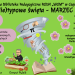 Z książki wychodzi trąba powietrzna, w niej: rakieta i piłka do tenisa, szczotka do zębów, ząb, symbol liczby Pi, Barbie, liczydło i fotel. Na grafice – awatary prowadzących, kwiatki, motyl i pszczoła.