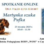 Pies w kolorze brązowym. Ksiażka, a na jej okładce biegnąca dziewczynka. Tytuł spotkania, termin, kontakt.