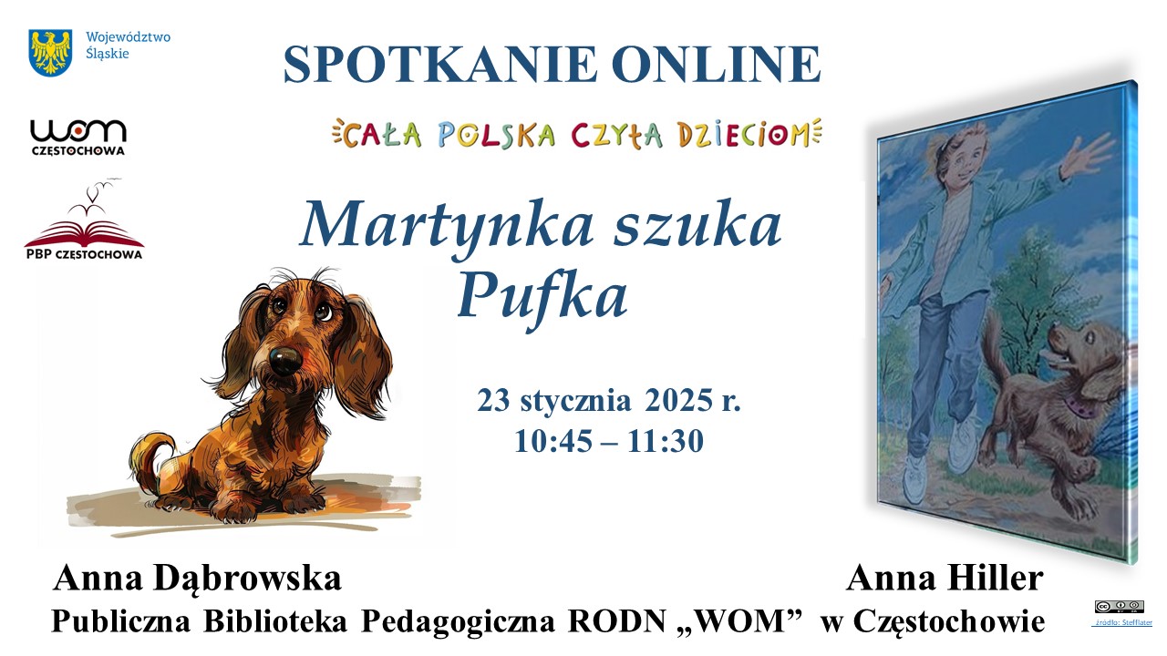 Pies w kolorze brązowym. Ksiażka, a na jej okładce biegnąca dziewczynka. Tytuł spotkania, termin, kontakt.