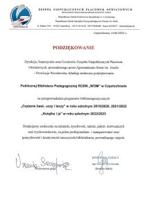 Dyplom – podziękowanie dla PBP RODN „WOM” w Częstochowie.